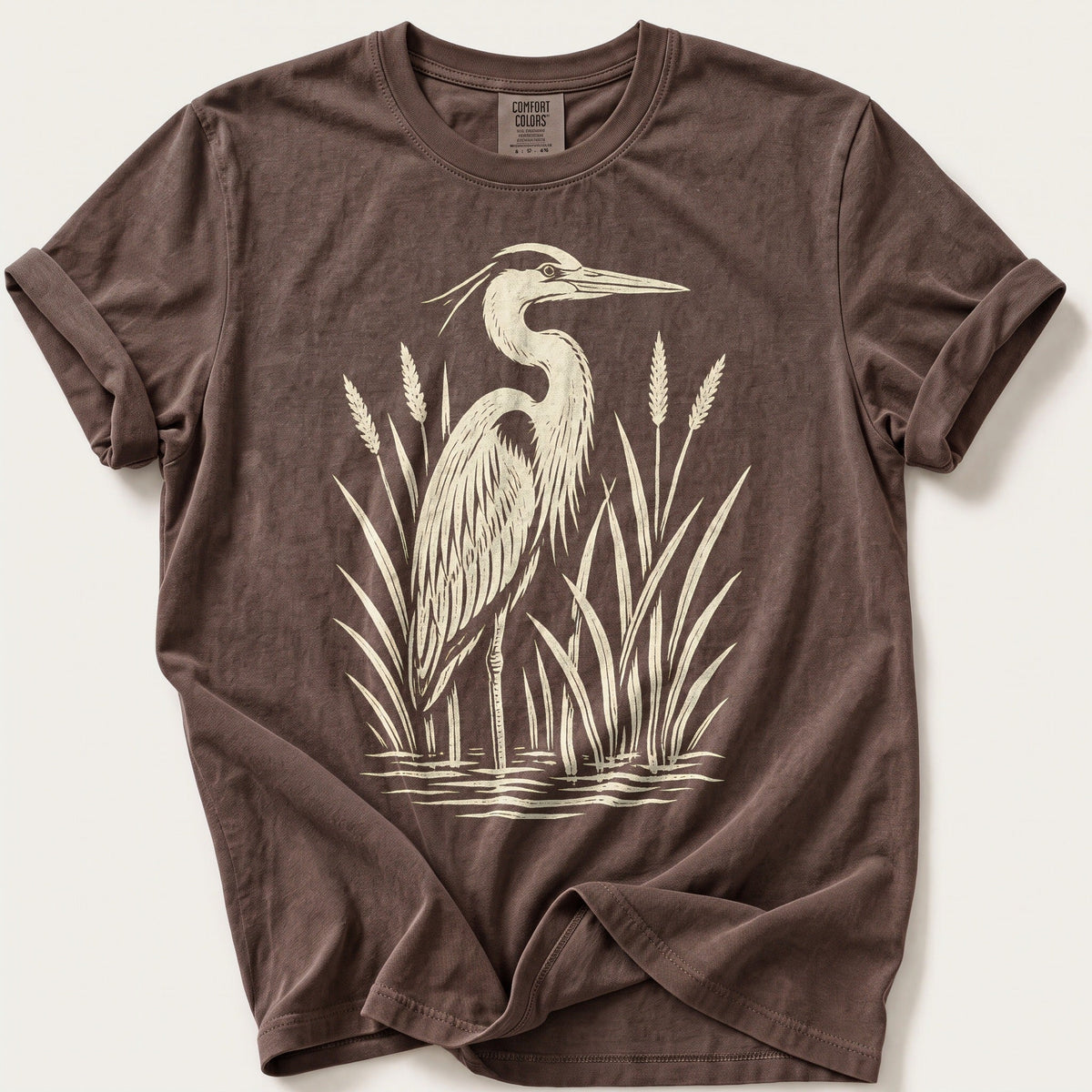 Linocut Heron — Espresso Comfort Colors tee