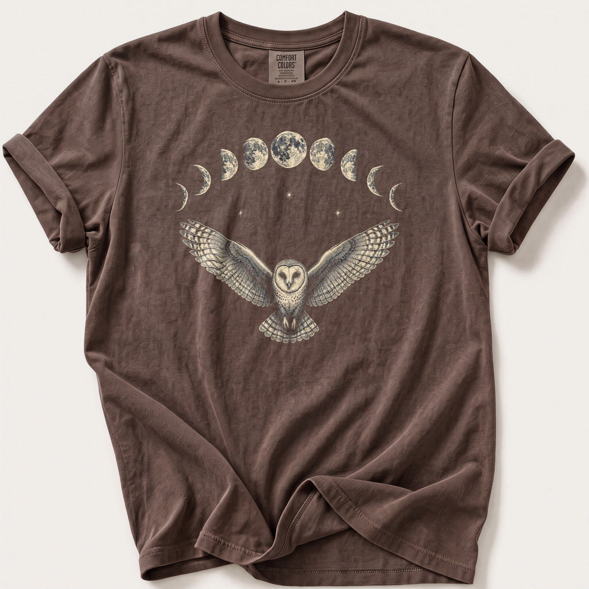 Moon Phase Barn Owl — Espresso Comfort Colors tee