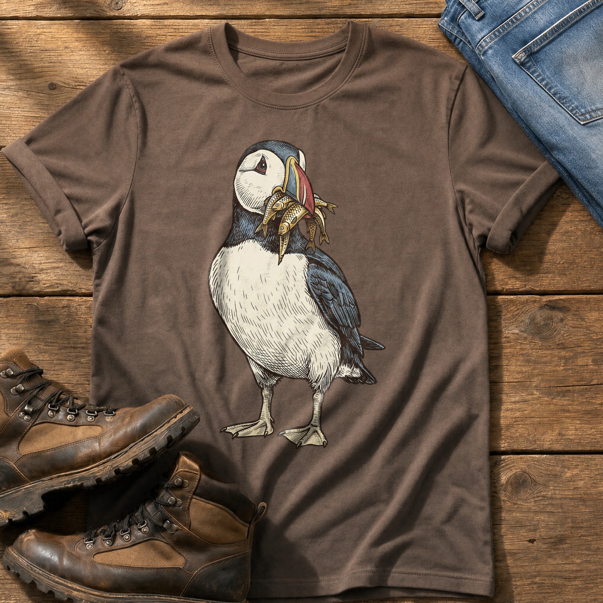 Puffin And Fish 12 — Espresso Comfort Colors tee