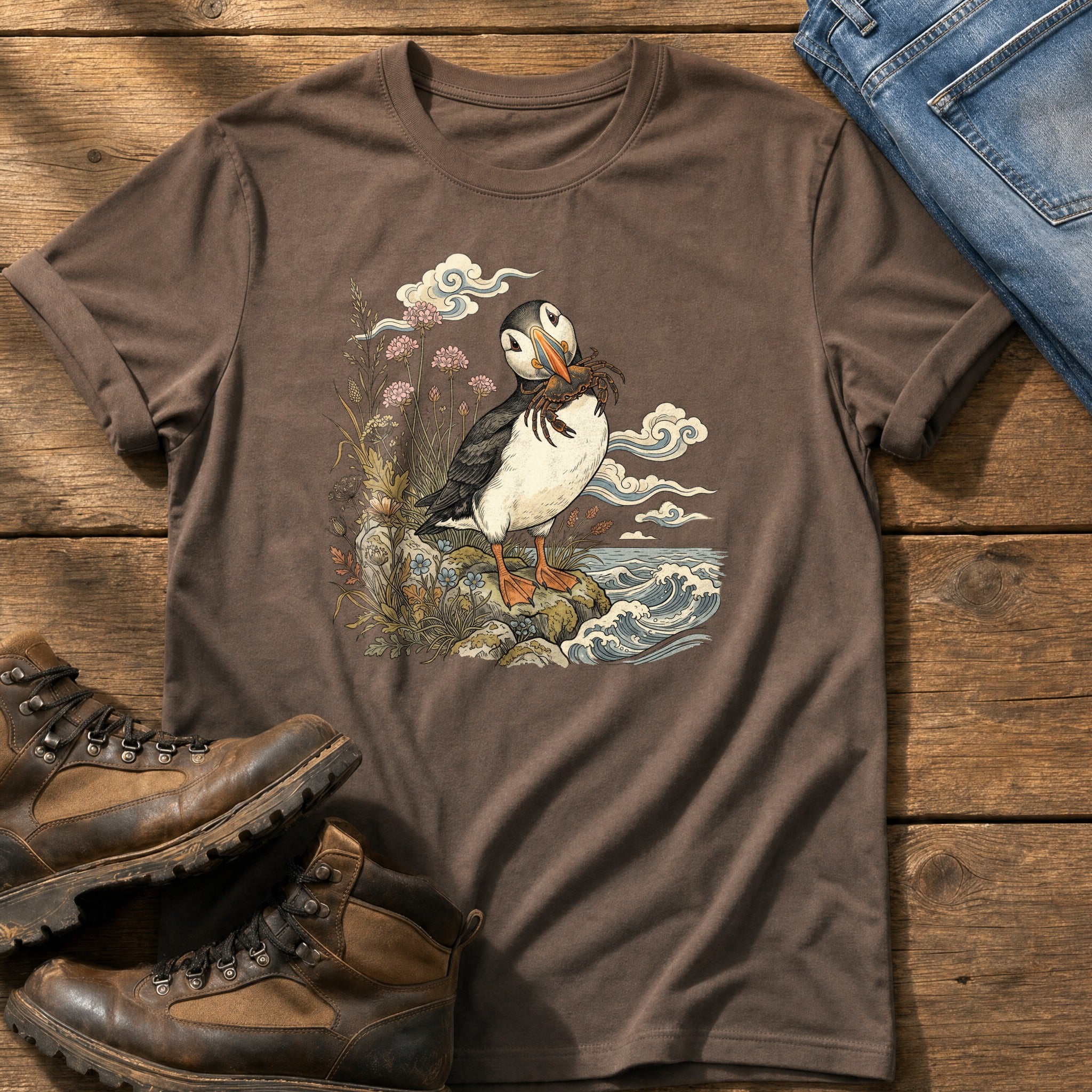 Puffin With Crab 4 — Espresso Comfort Colors tee