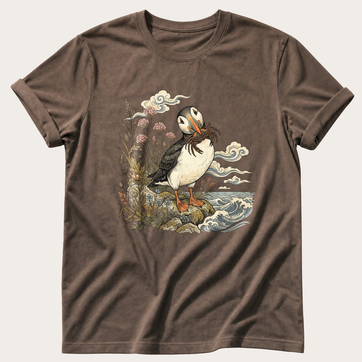 Puffin With Crab 4 — Espresso Comfort Colors tee