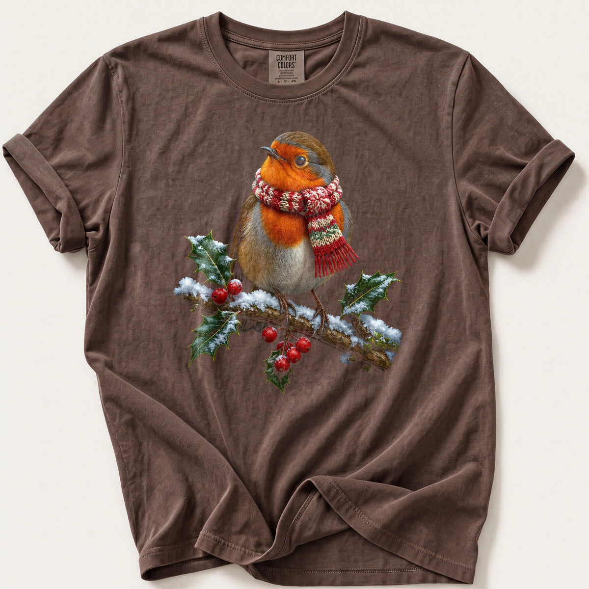 Robin In A Knitted Scarf — Espresso Comfort Colors tee