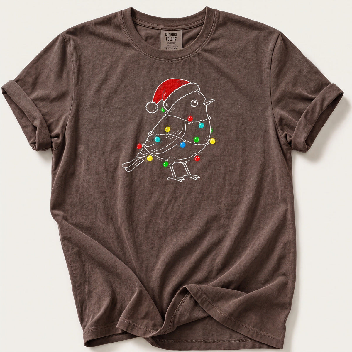 Robin In Fairy Lights Outline — Espresso Comfort Colors tee