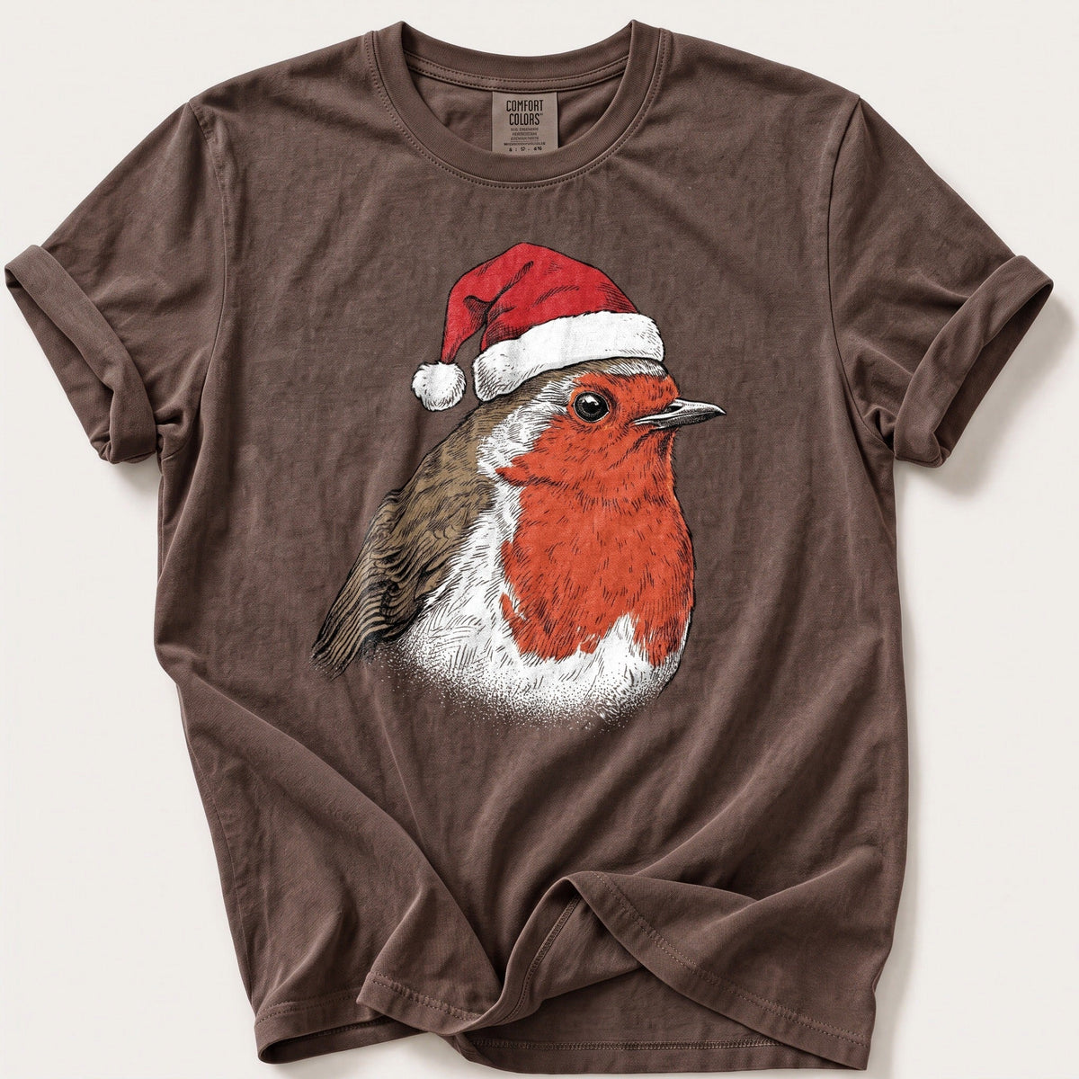 Santa Hat Robin — Espresso Comfort Colors tee