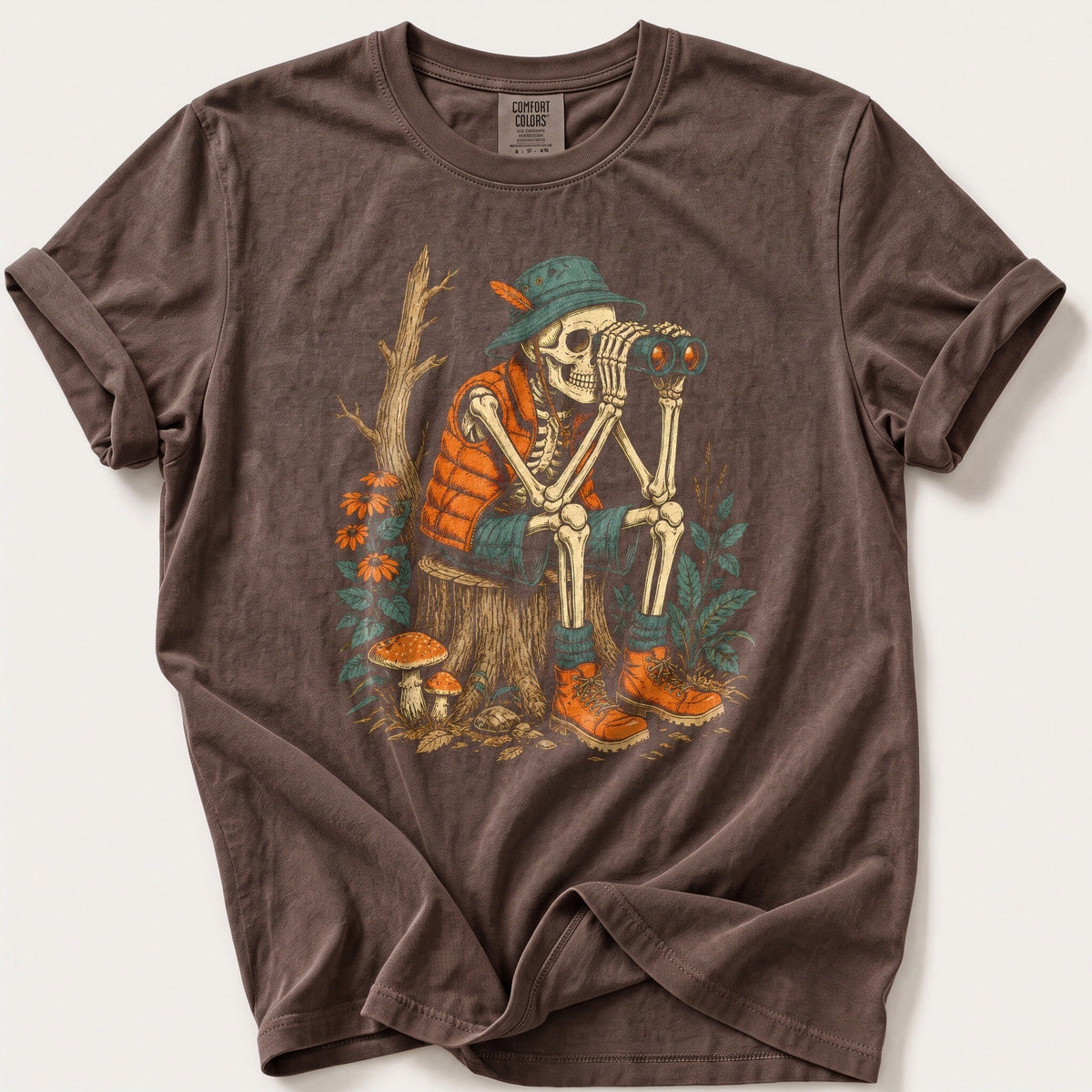 Skeleton Birdwatcher — Espresso Comfort Colors tee