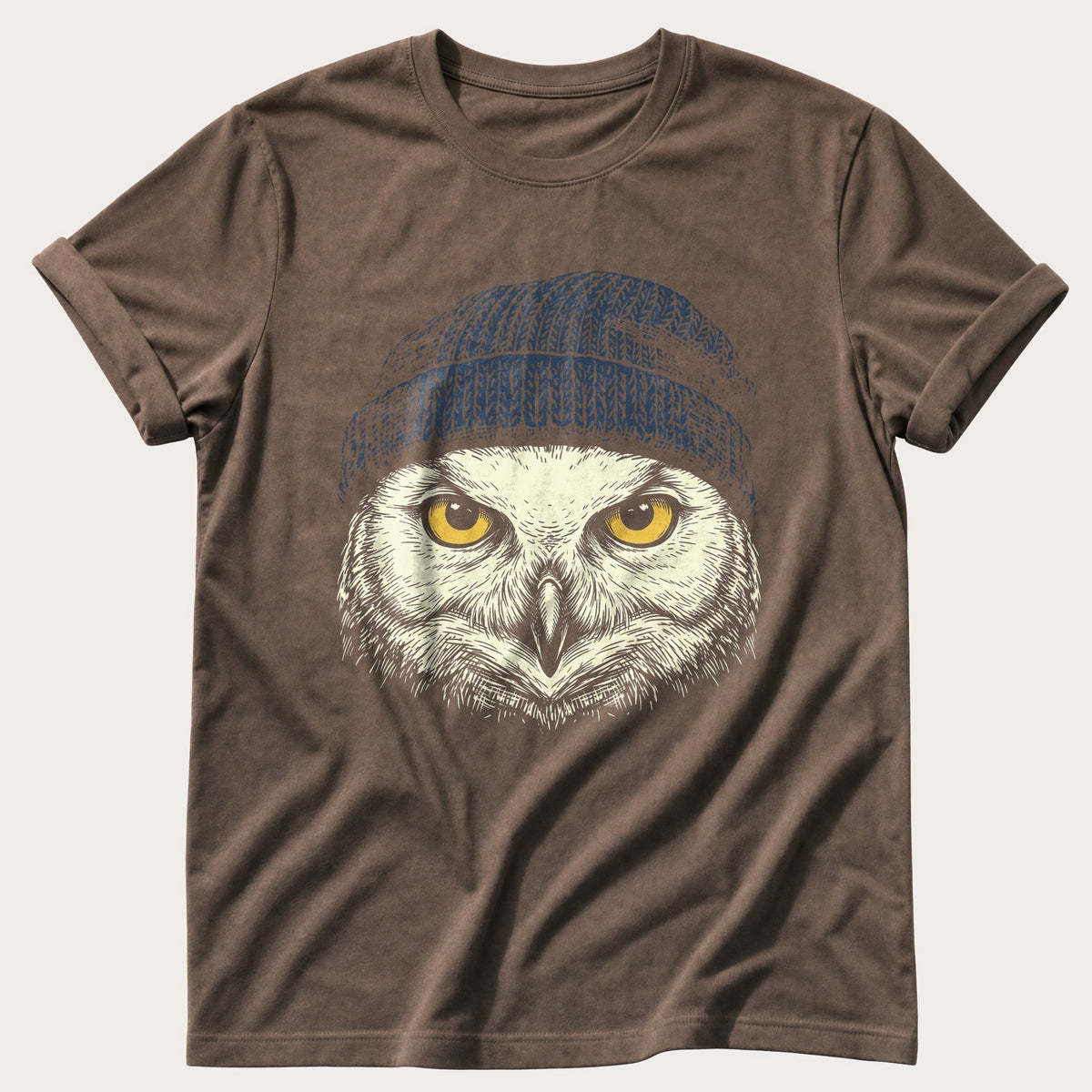 Snow Owl Beanie 44 — Espresso Comfort Colors tee