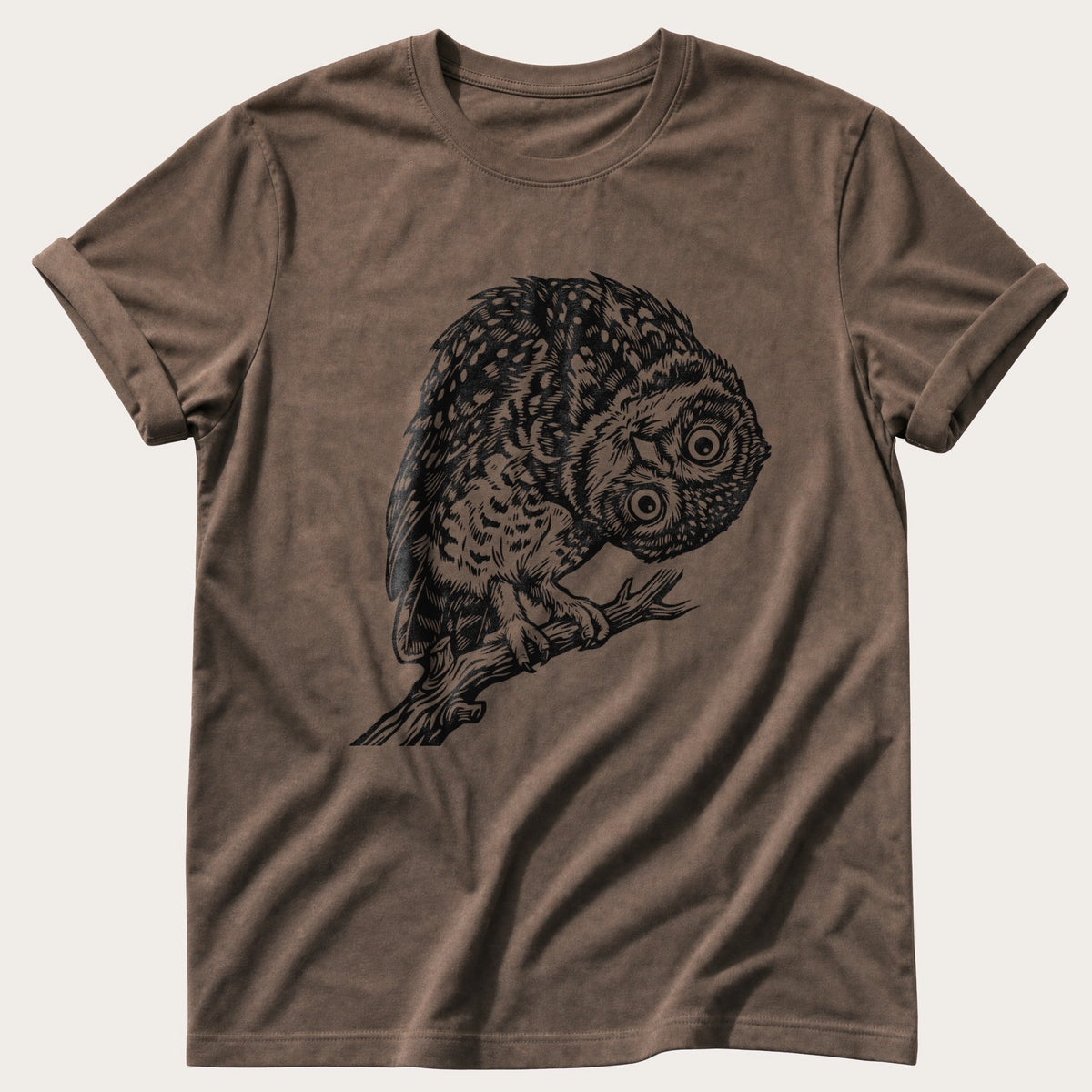 Tilted Head Owl 11 — Espresso Comfort Colors tee