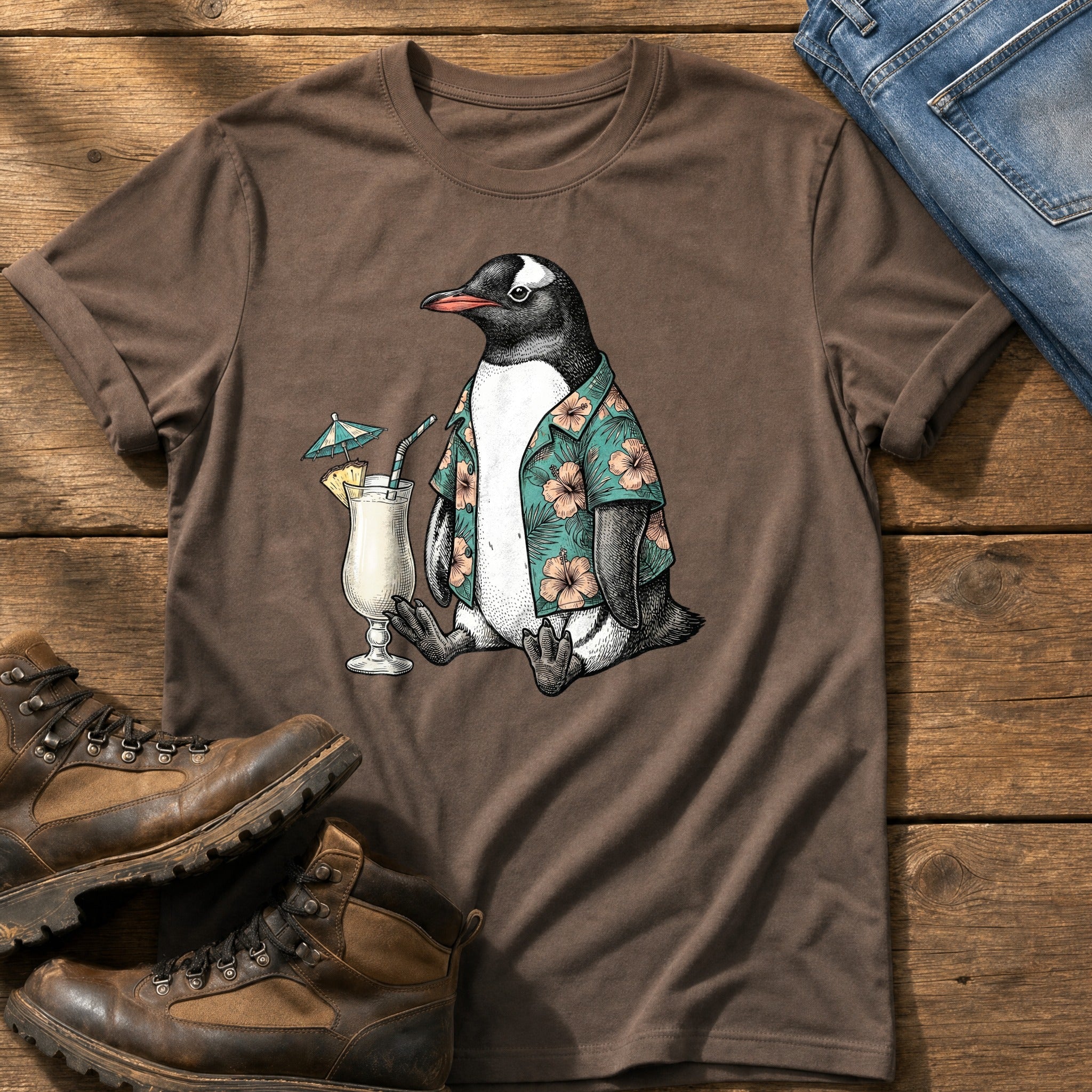 Tropical Penguin — Espresso Comfort Colors tee