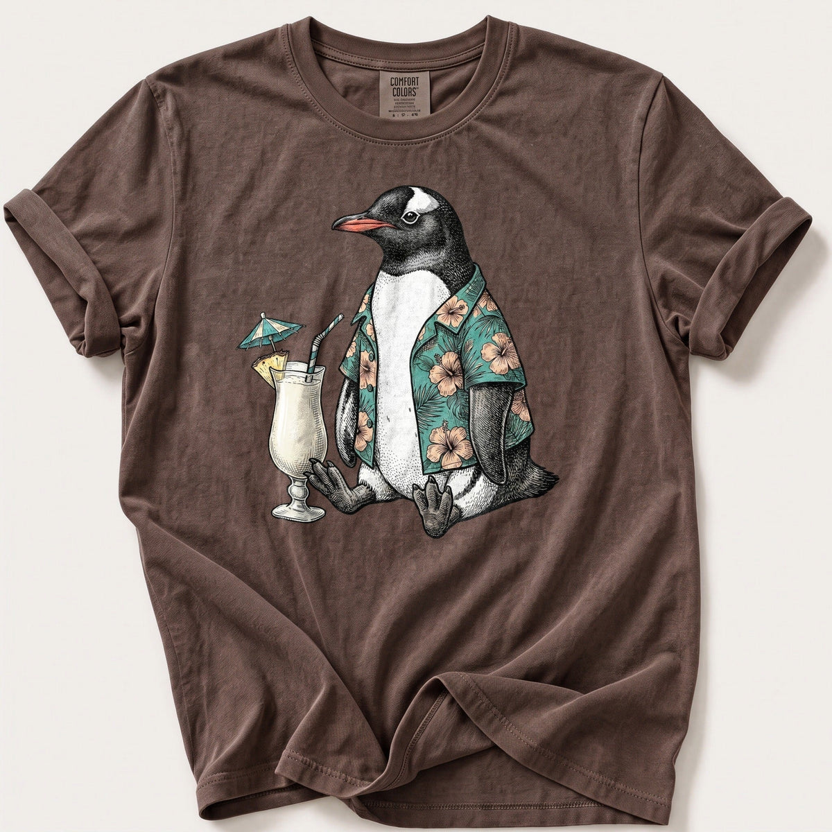 Tropical Penguin — Espresso Comfort Colors tee