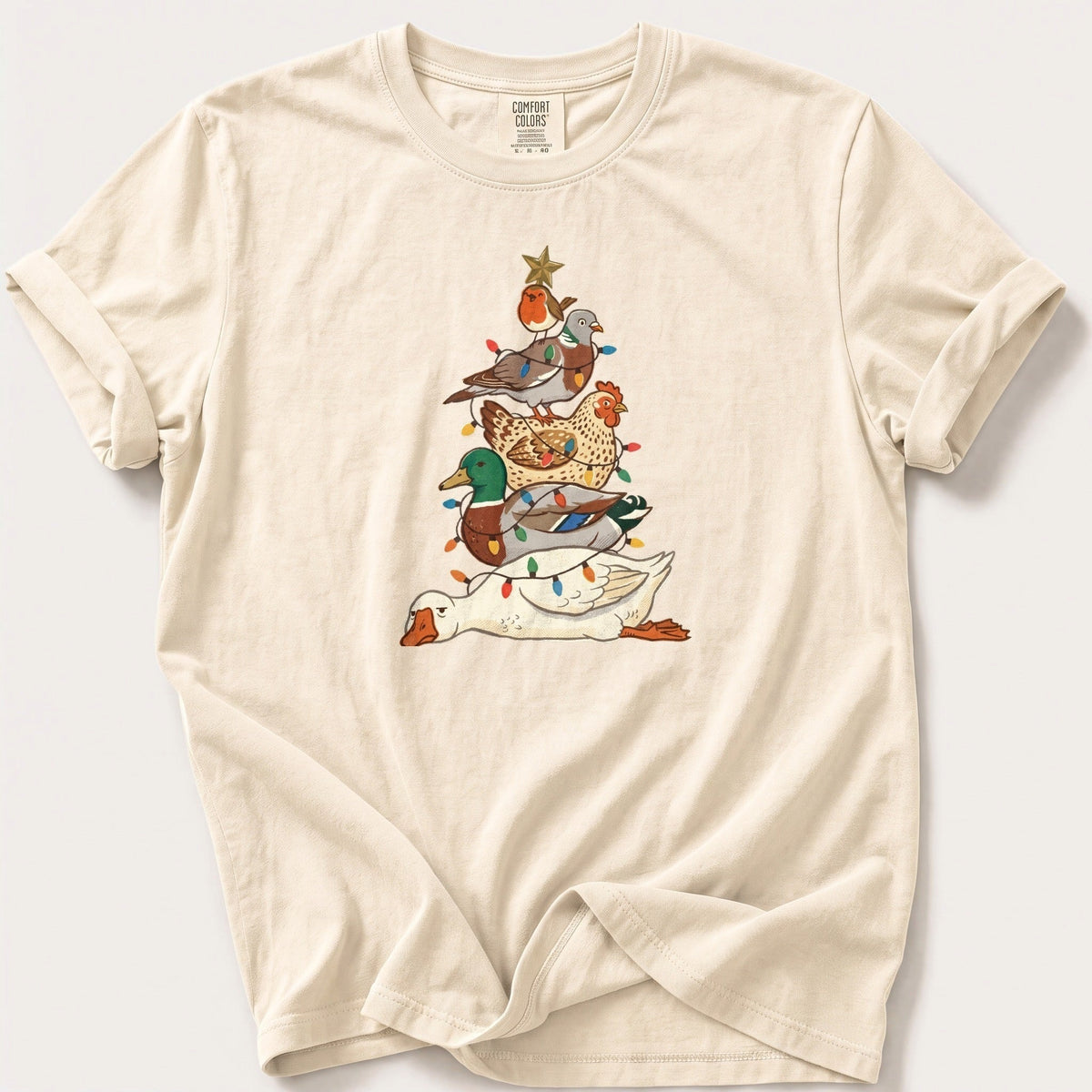 Bird Stack Christmas Tree — Ivory Comfort Colors tee