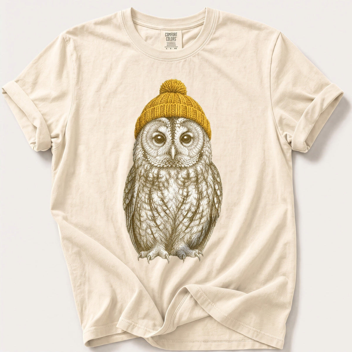 Bobble Hat Tawny Owl — Ivory Comfort Colors tee