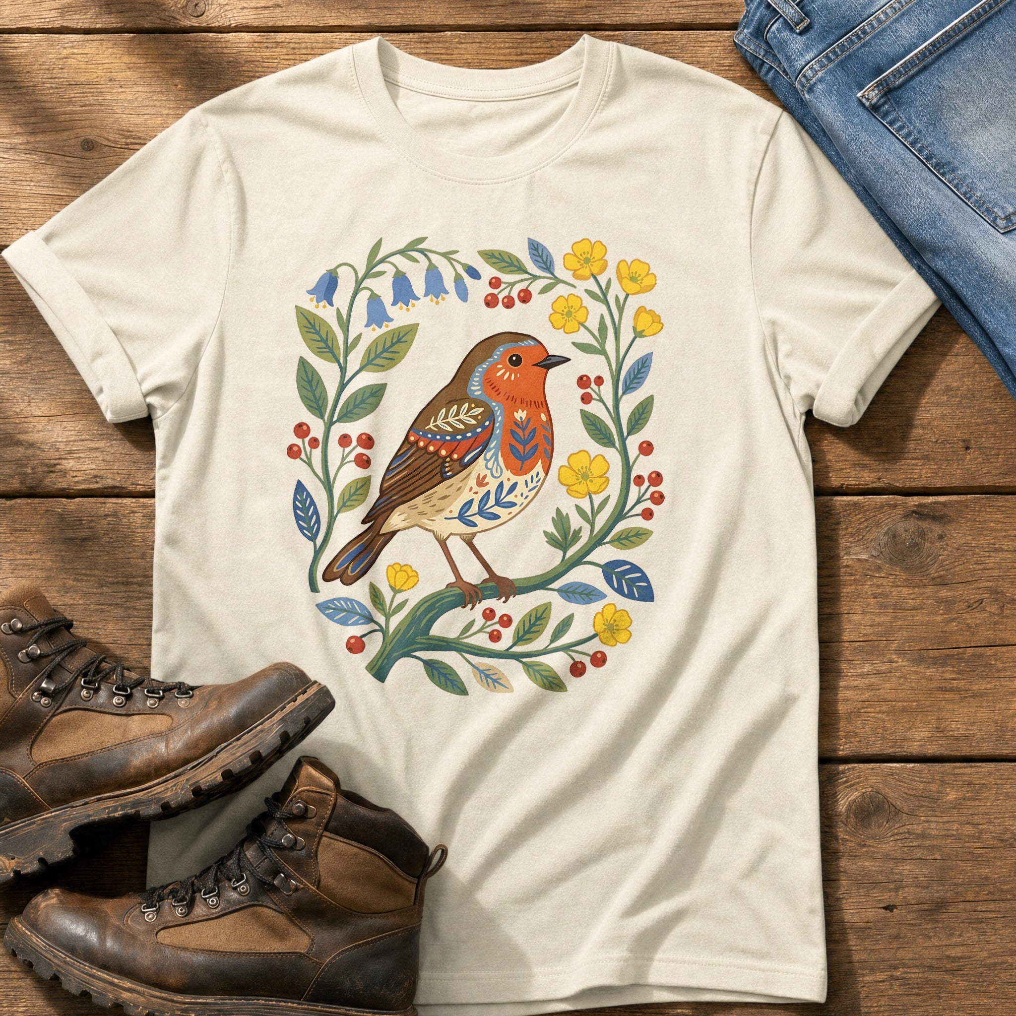 Folk Style Robin — Ivory Comfort Colors tee