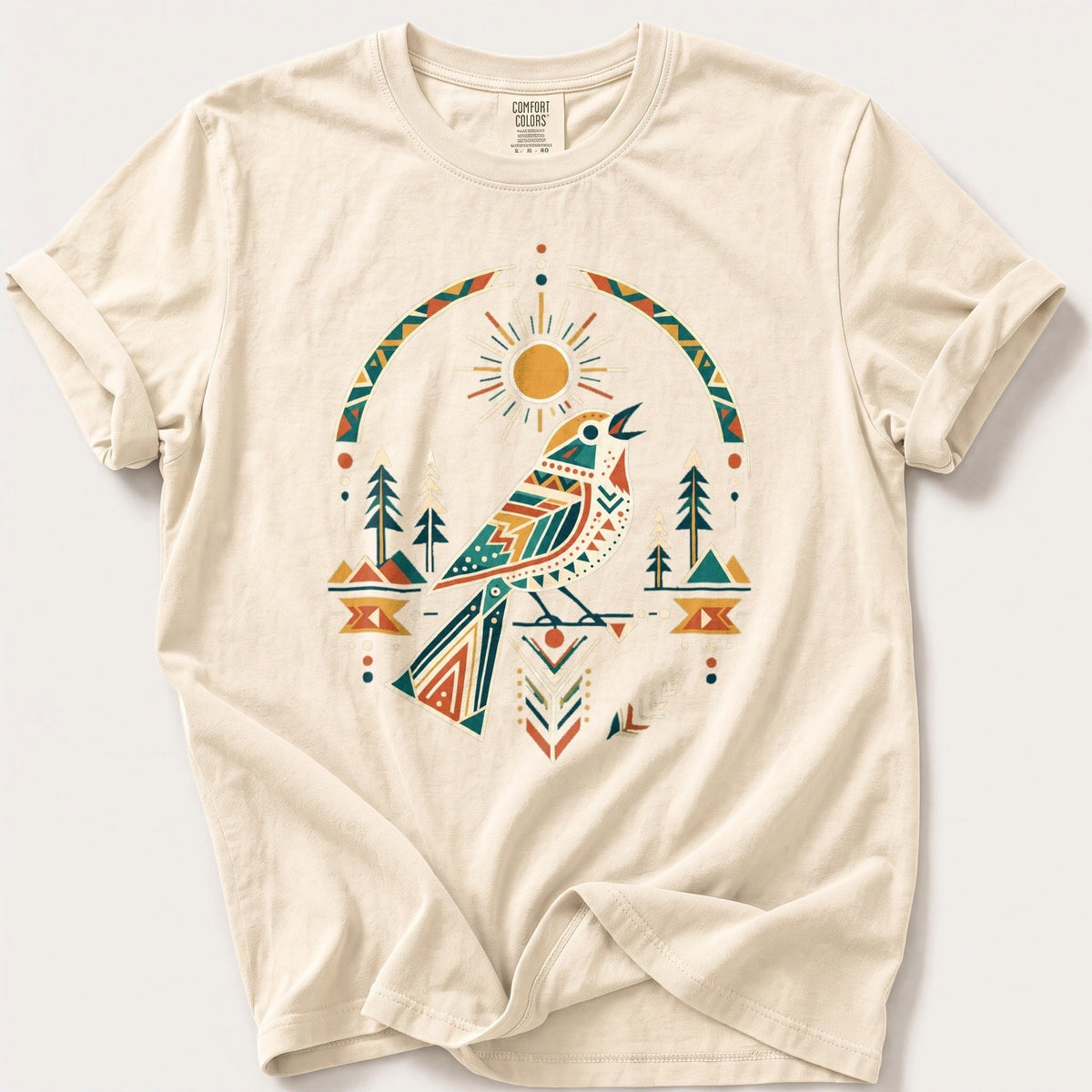 Geometric Sun Songbird — Ivory Comfort Colors tee
