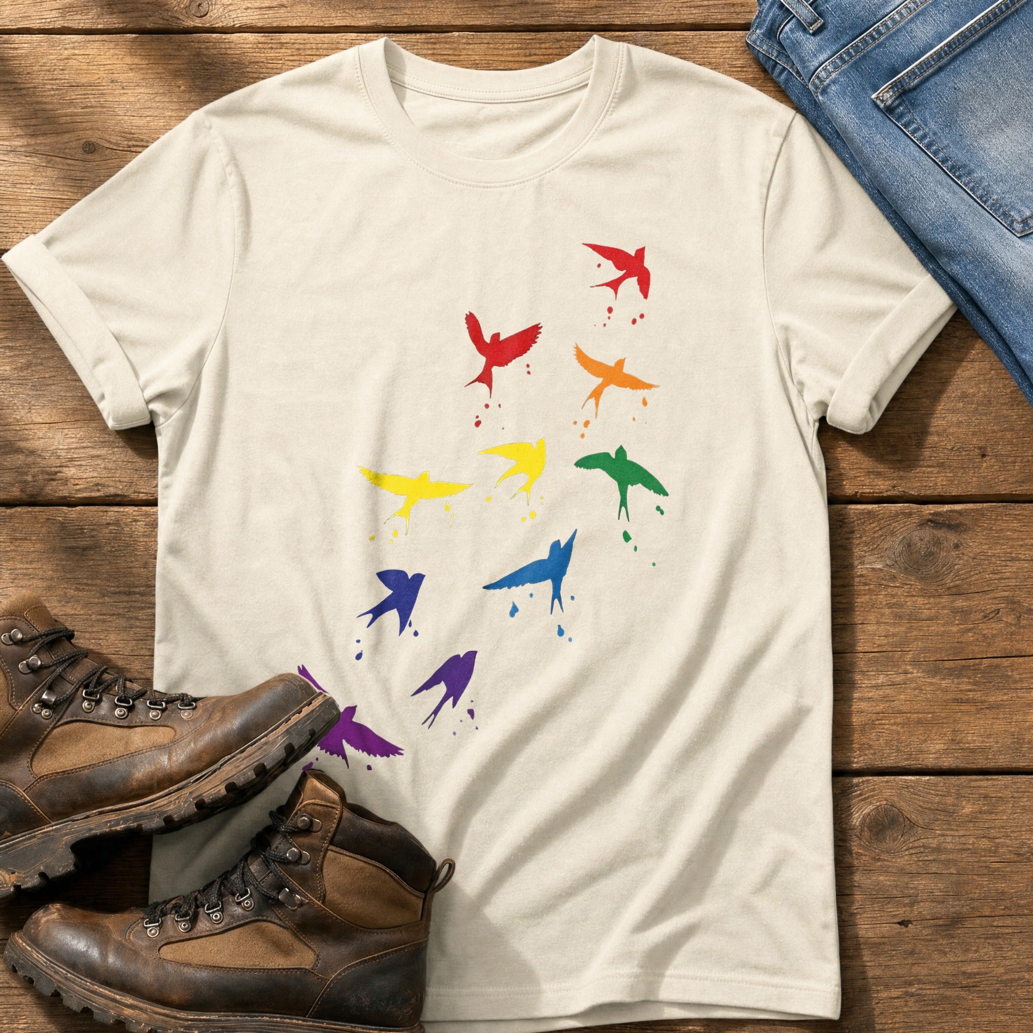 Rainbow birds — Ivory Comfort Colors tee