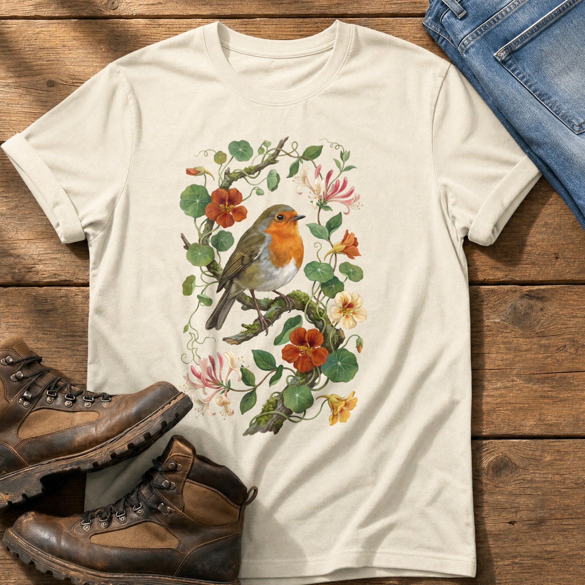 Robin & Nasturtiums — Ivory Comfort Colors tee