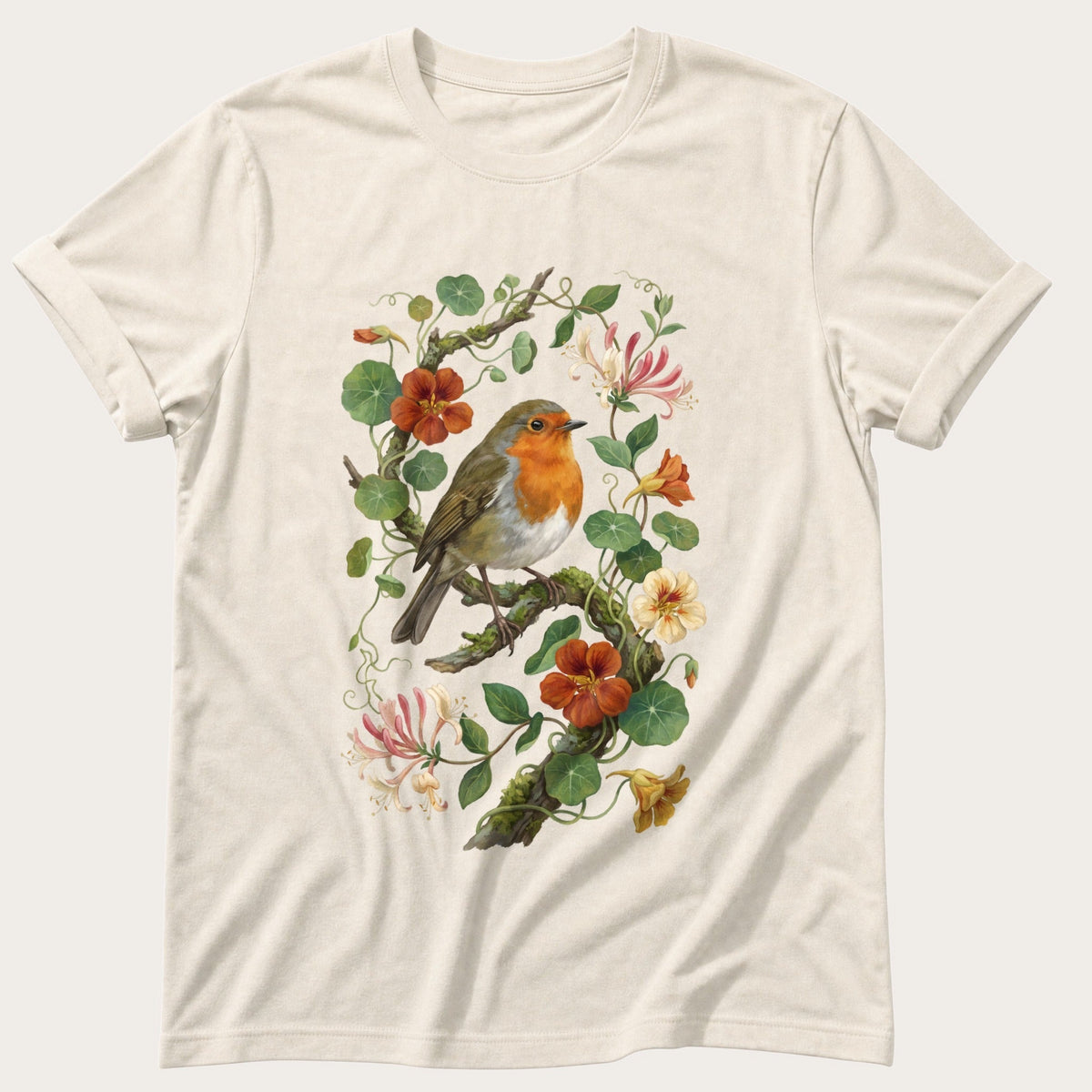 Robin & Nasturtiums — Ivory Comfort Colors tee