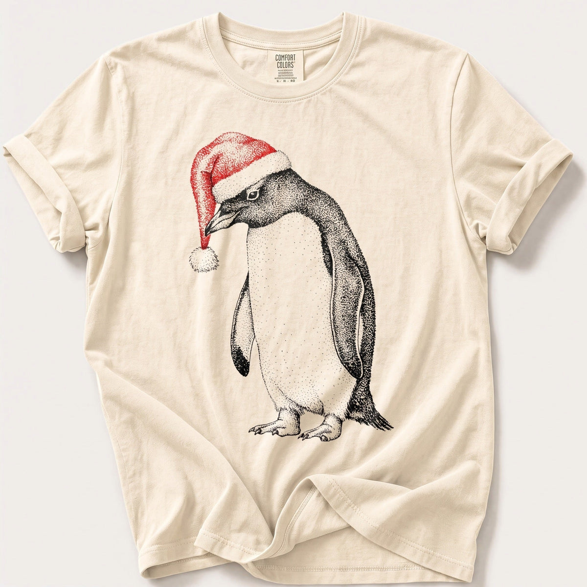 Stipple Santa Penguin — Ivory Comfort Colors tee