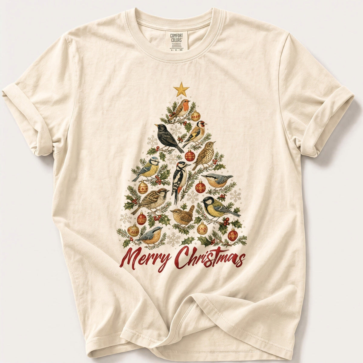 Vintage Bird Christmas Tree — Ivory Comfort Colors tee