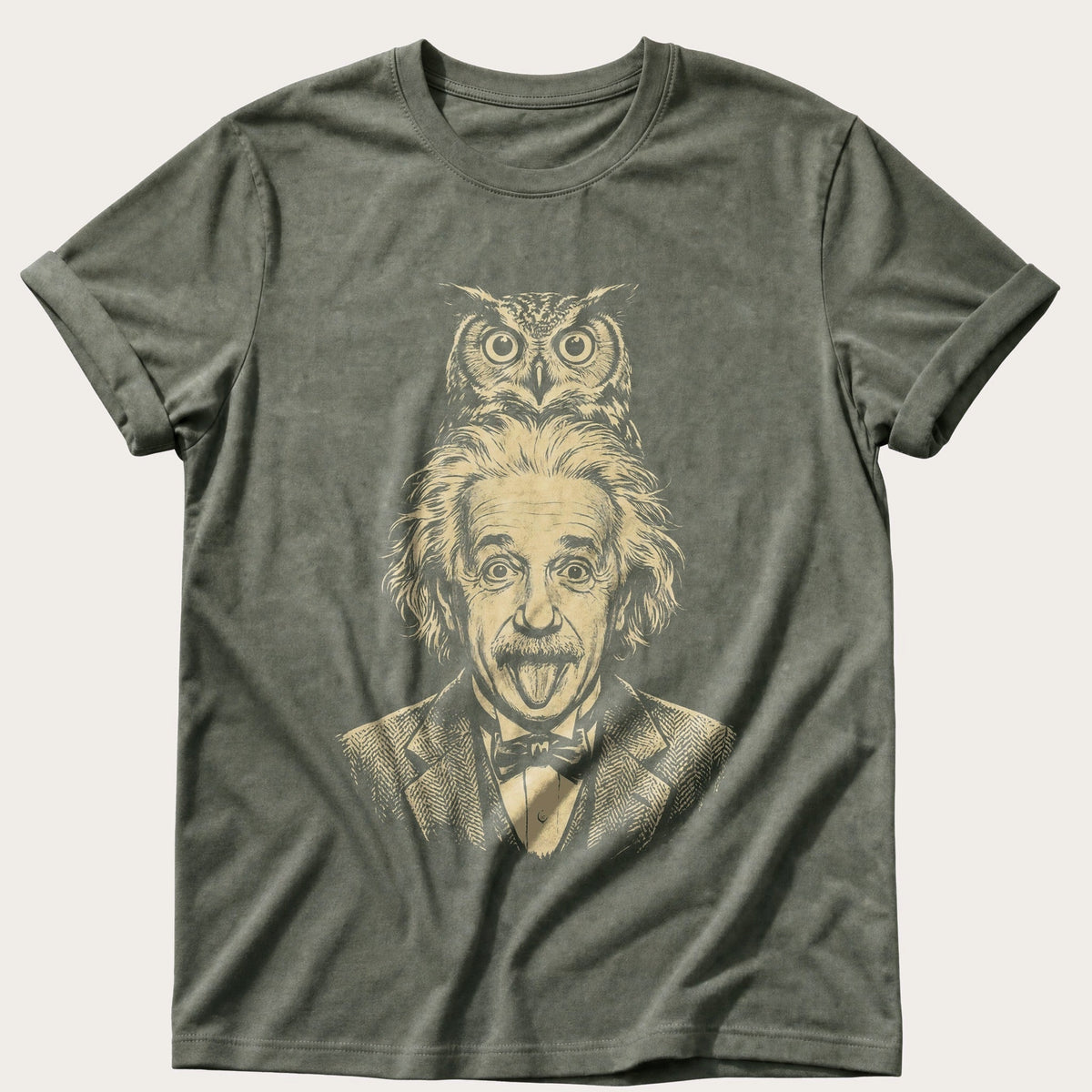 Albert Einstein Owl 5 — Moss Comfort Colors tee