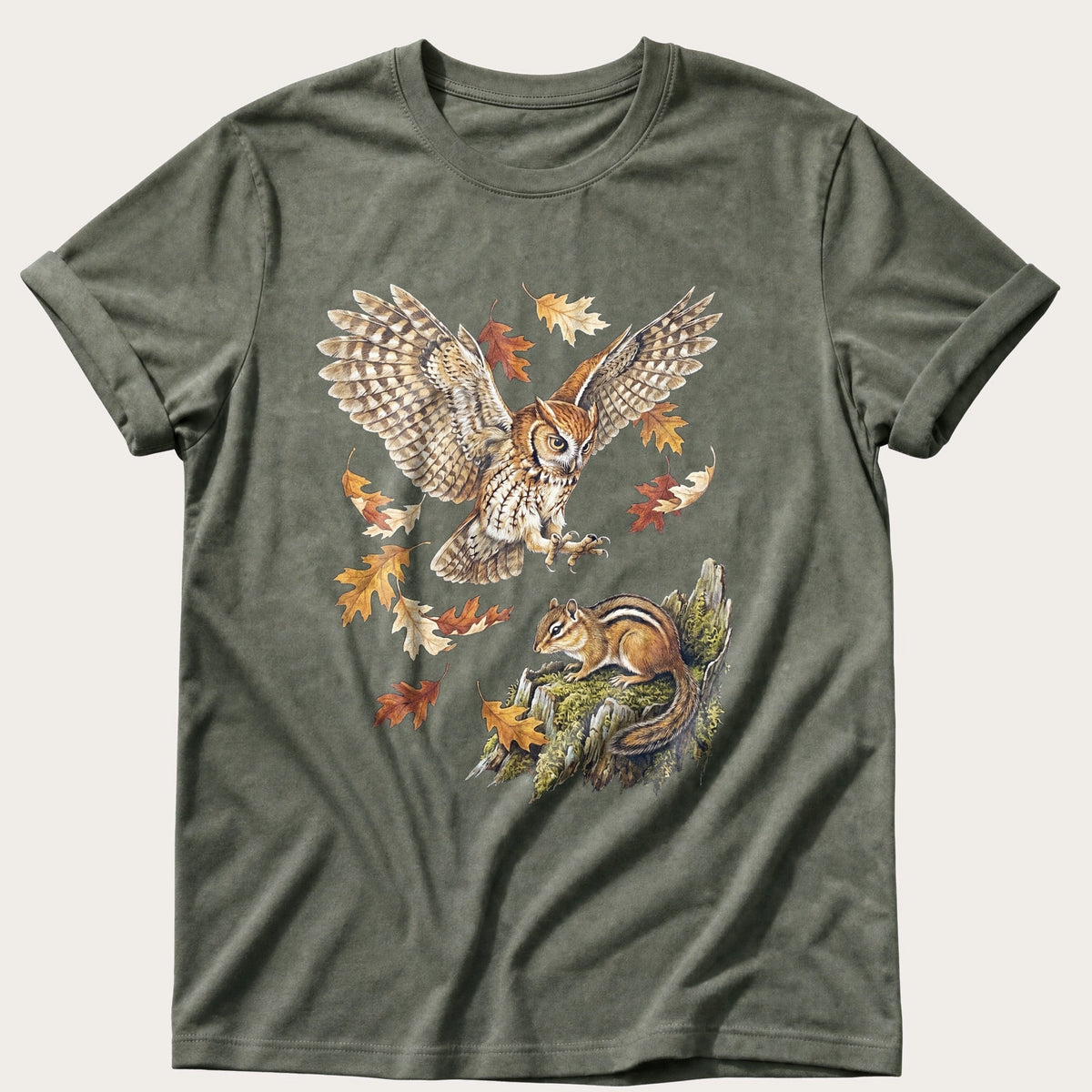 Autumn Screech Owl — Moss Comfort Colors tee