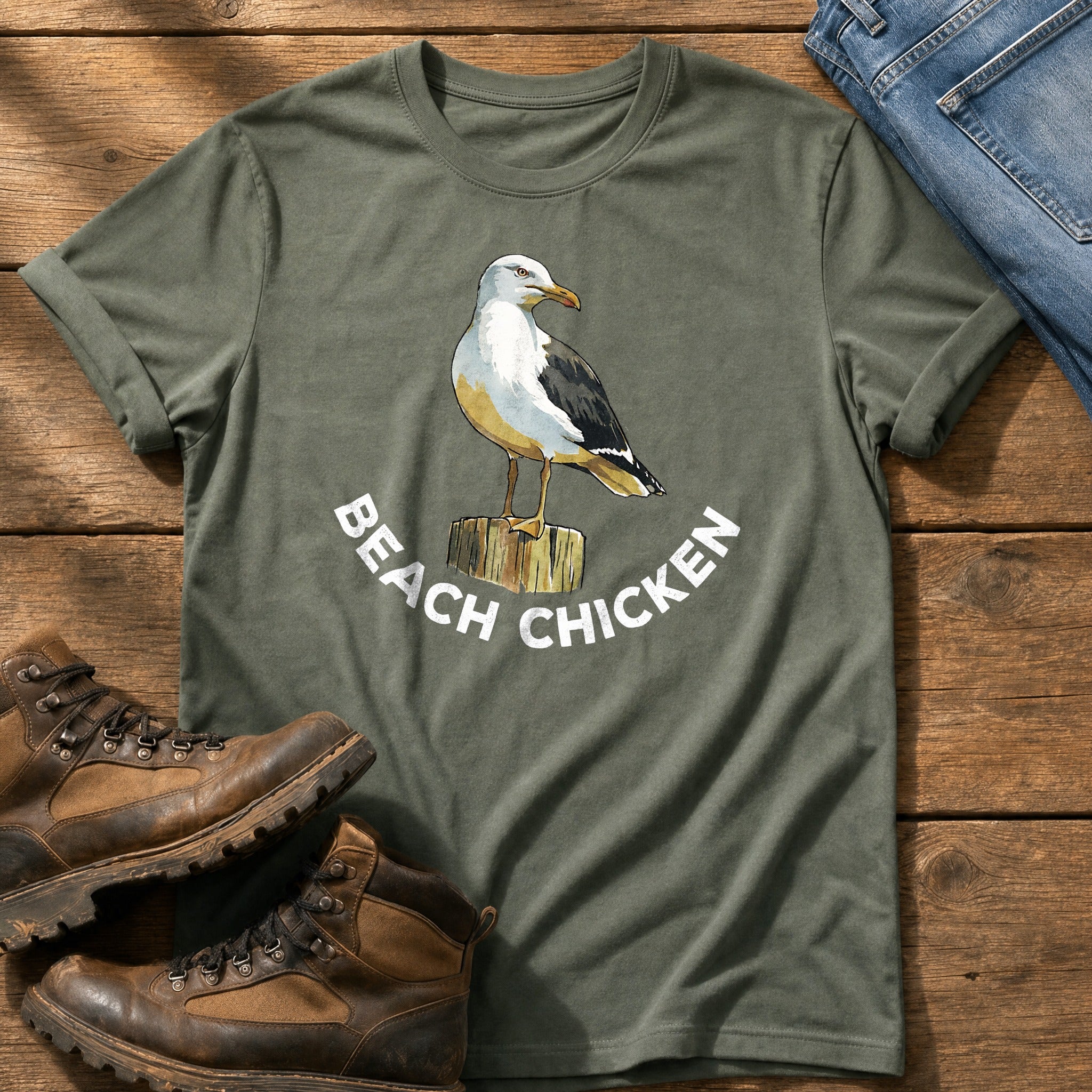 Beach Chicken 12 — Moss Comfort Colors tee