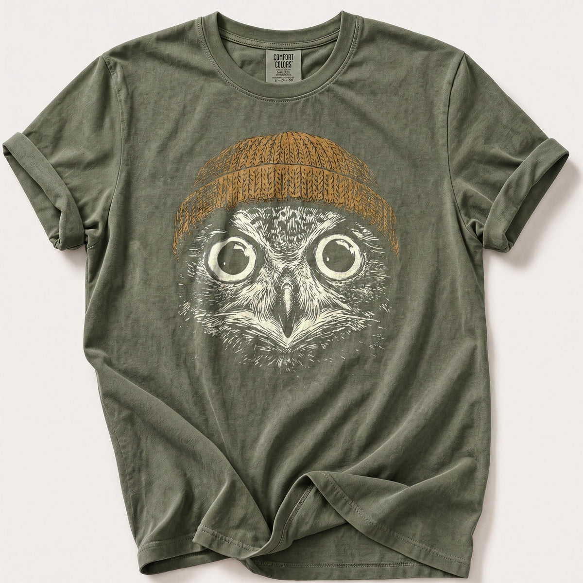 Beanie Owl 6 — Moss Comfort Colors tee