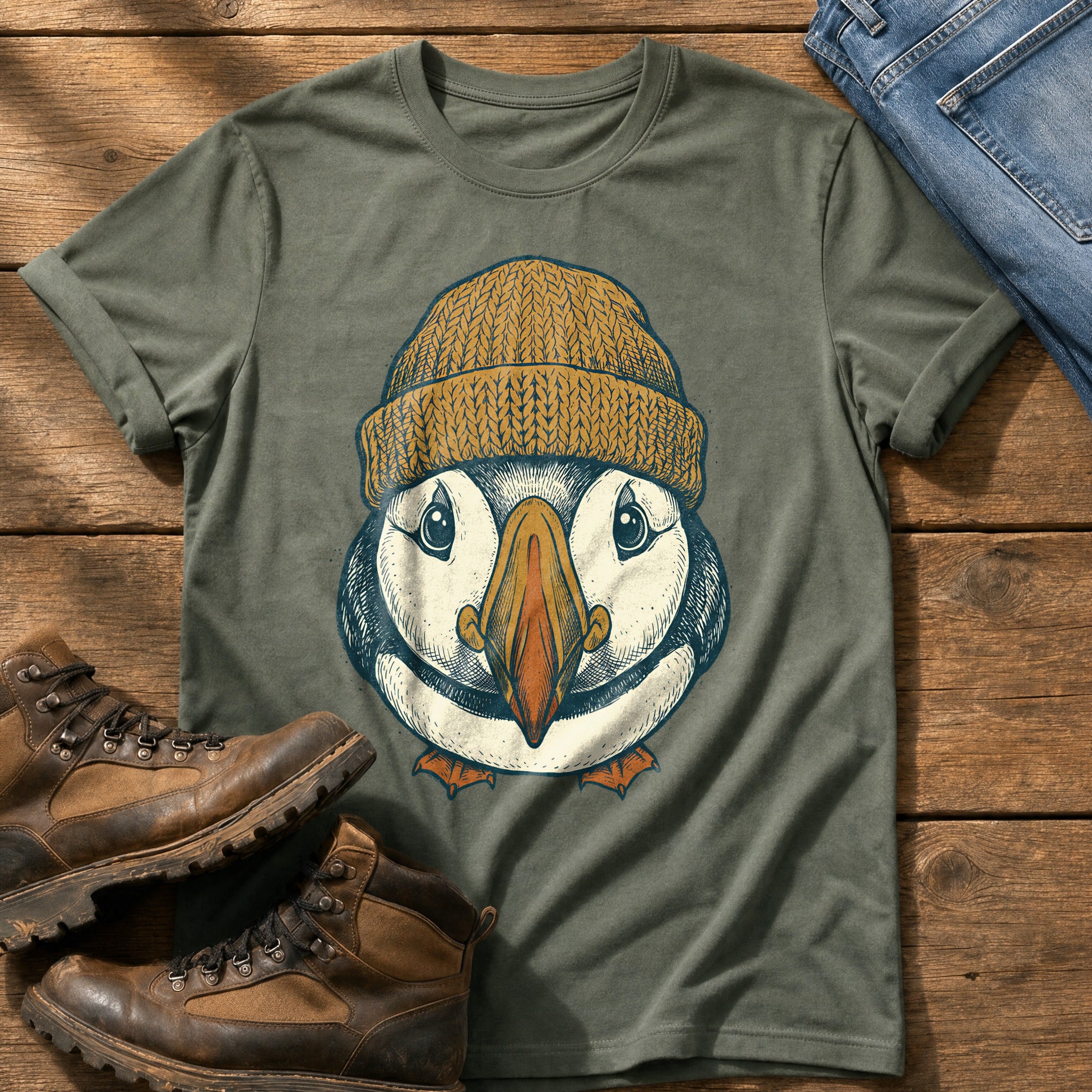 Beanie Puffin 6 — Moss Comfort Colors tee