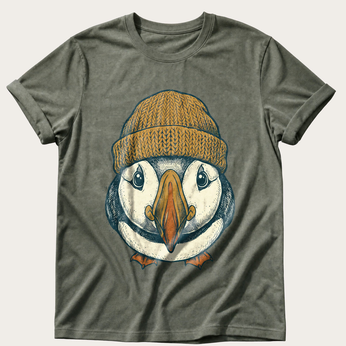 Beanie Puffin 6 — Moss Comfort Colors tee