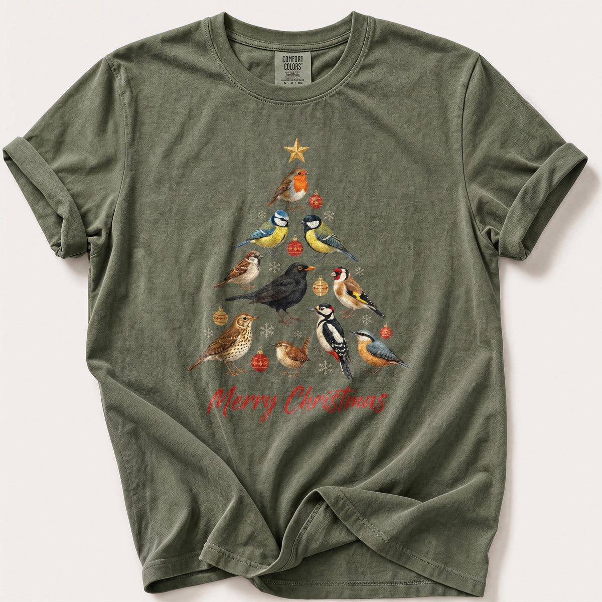 Big Garden Bird Christmas Tree — Moss Comfort Colors tee