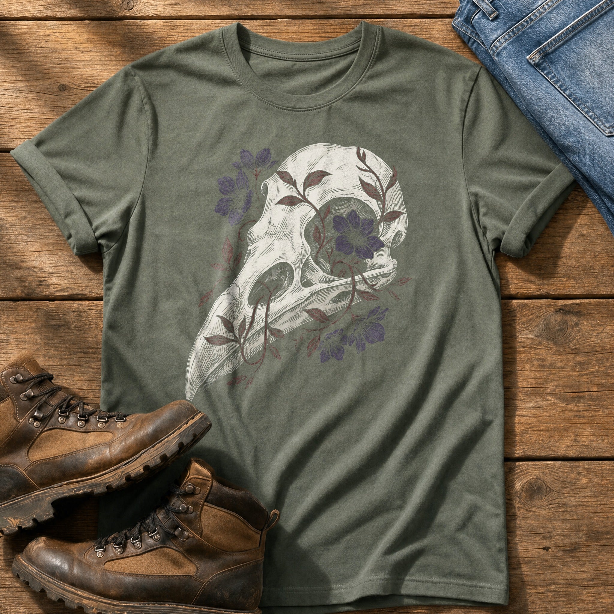 Bird Skull with Florals — Moss Comfort Colors tee