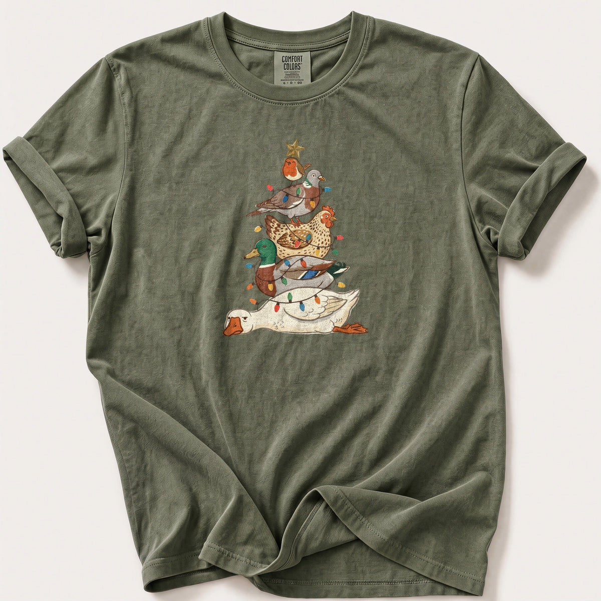 Bird Stack Christmas Tree — Moss Comfort Colors tee