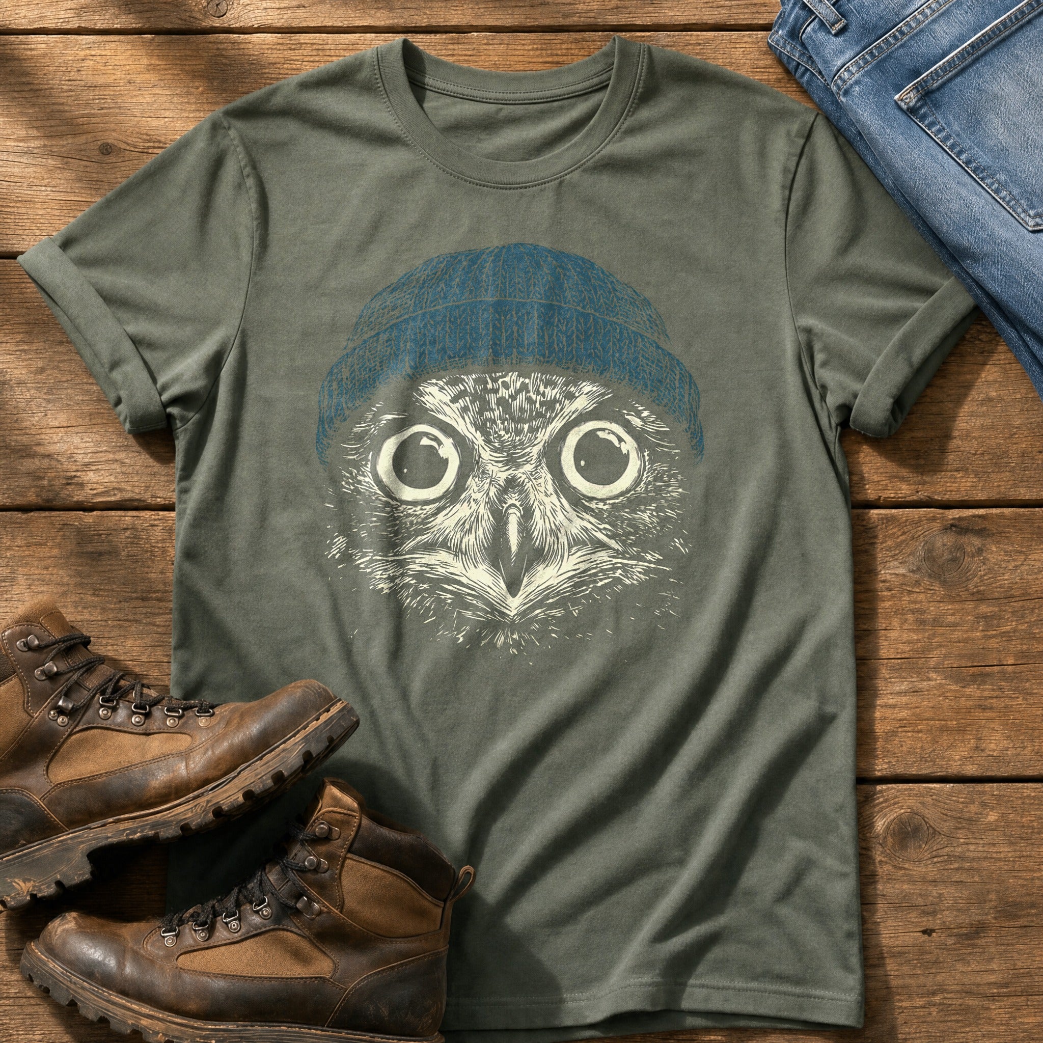 Blue Beanie Owl — Moss Comfort Colors tee