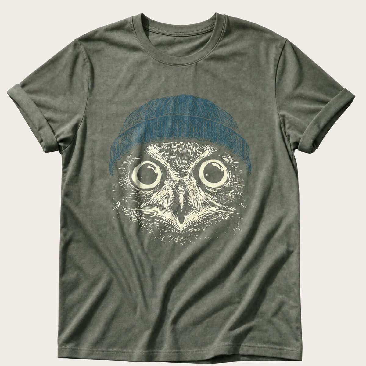 Blue Beanie Owl — Moss Comfort Colors tee