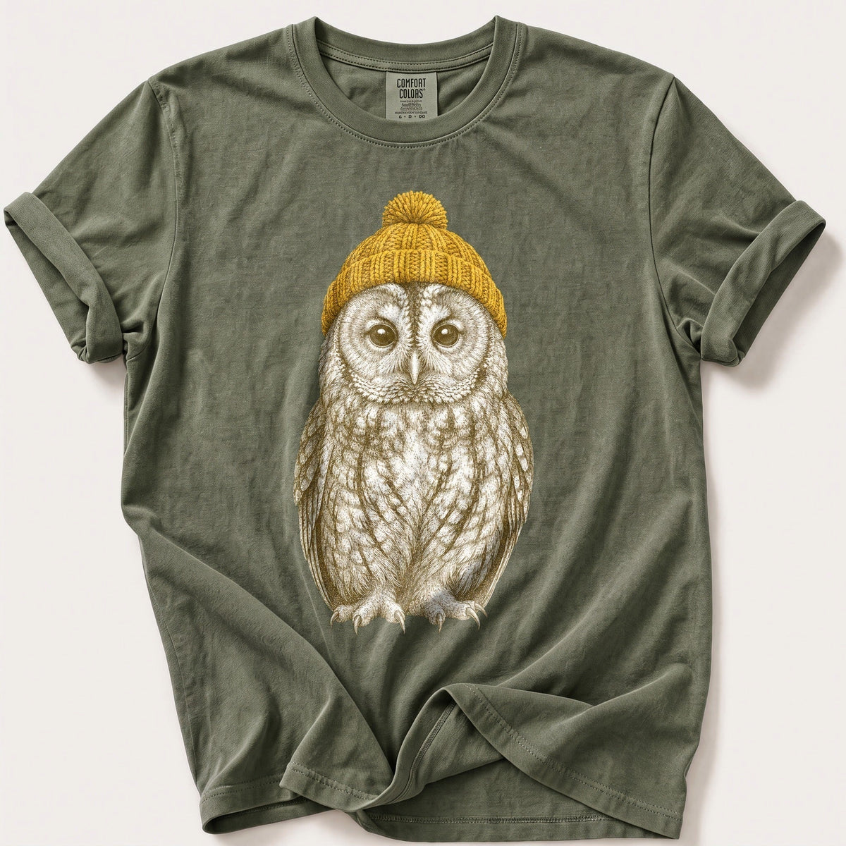 Bobble Hat Tawny Owl — Moss Comfort Colors tee