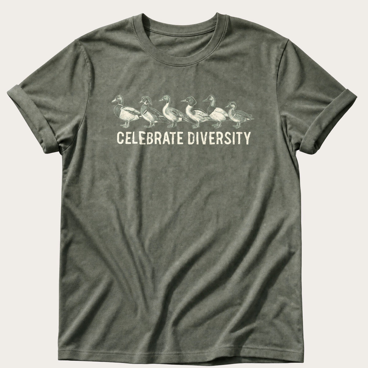 Celebrate Diversity Ducks — Moss Comfort Colors tee