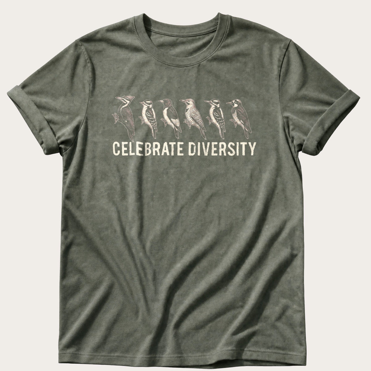 Celebrate Diversity Wood Pecker — Moss Comfort Colors tee