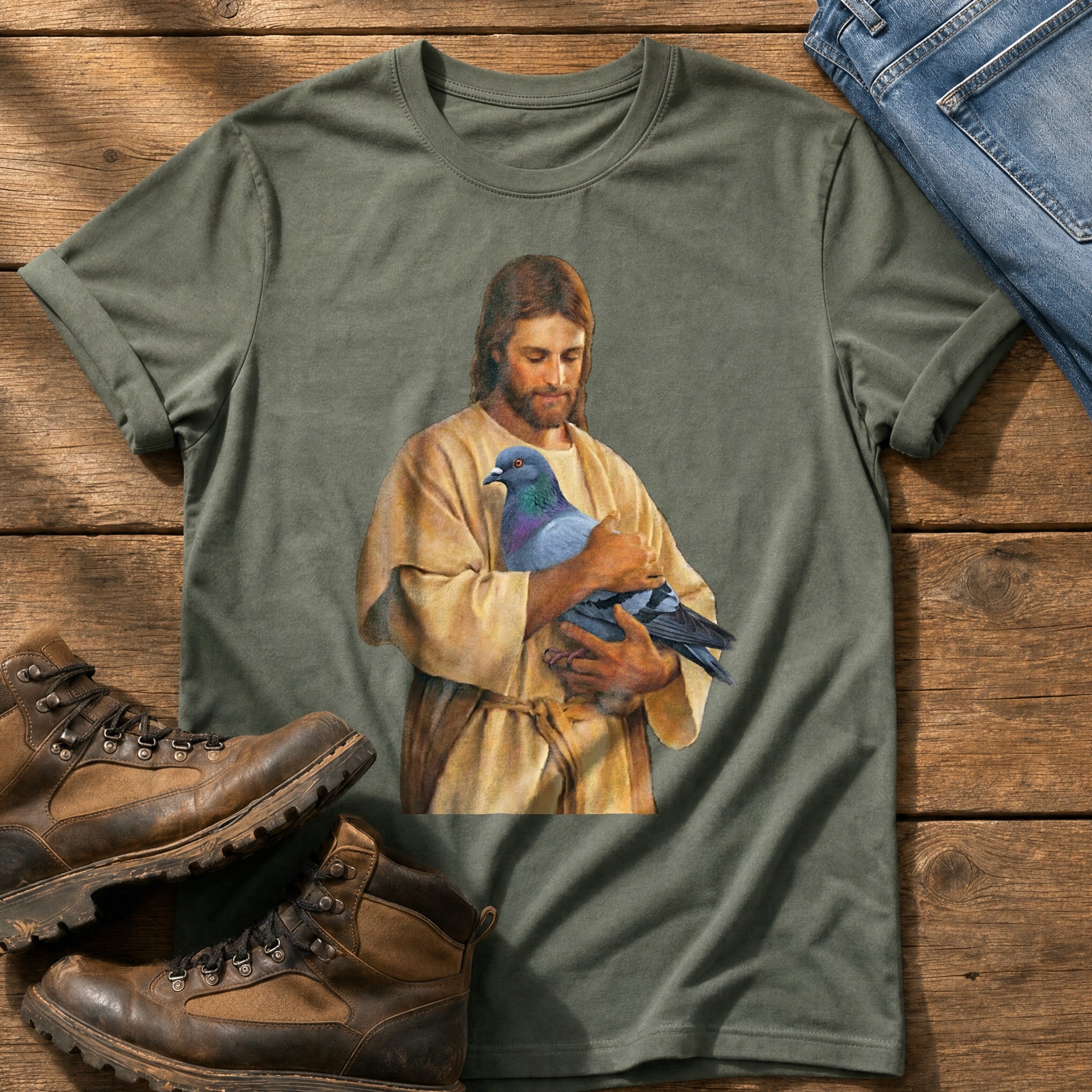 Christ With Pigeon 4 — Moss Comfort Colors tee