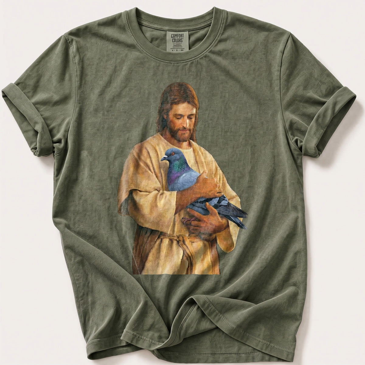 Christ With Pigeon 4 — Moss Comfort Colors tee