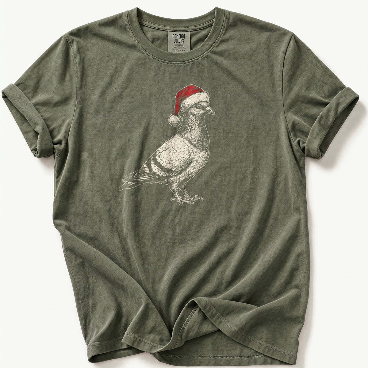 Etched Santa Pigeon Standing — Moss Comfort Colors tee