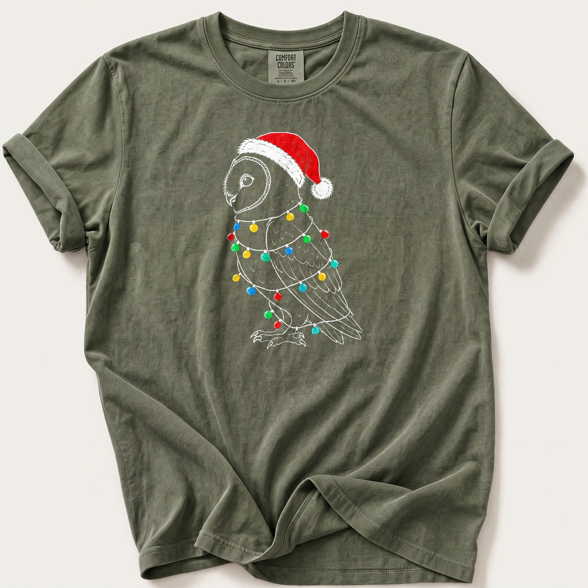 Fairy Light Barn Owl Outline — Moss Comfort Colors tee