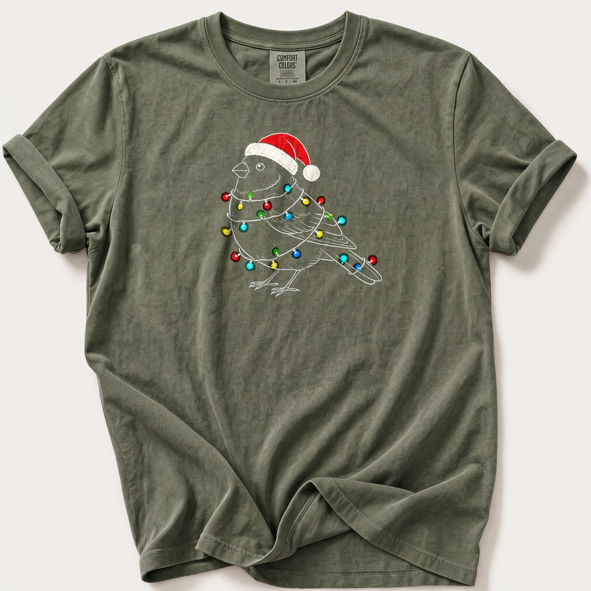 Fairy Light Bullfinch Outline — Moss Comfort Colors tee