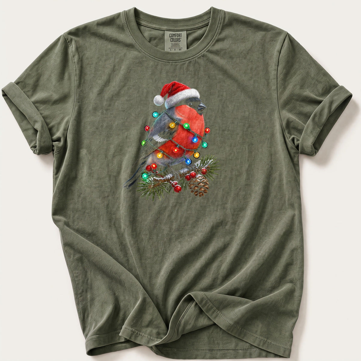 Fairy Light Bullfinch — Moss Comfort Colors tee
