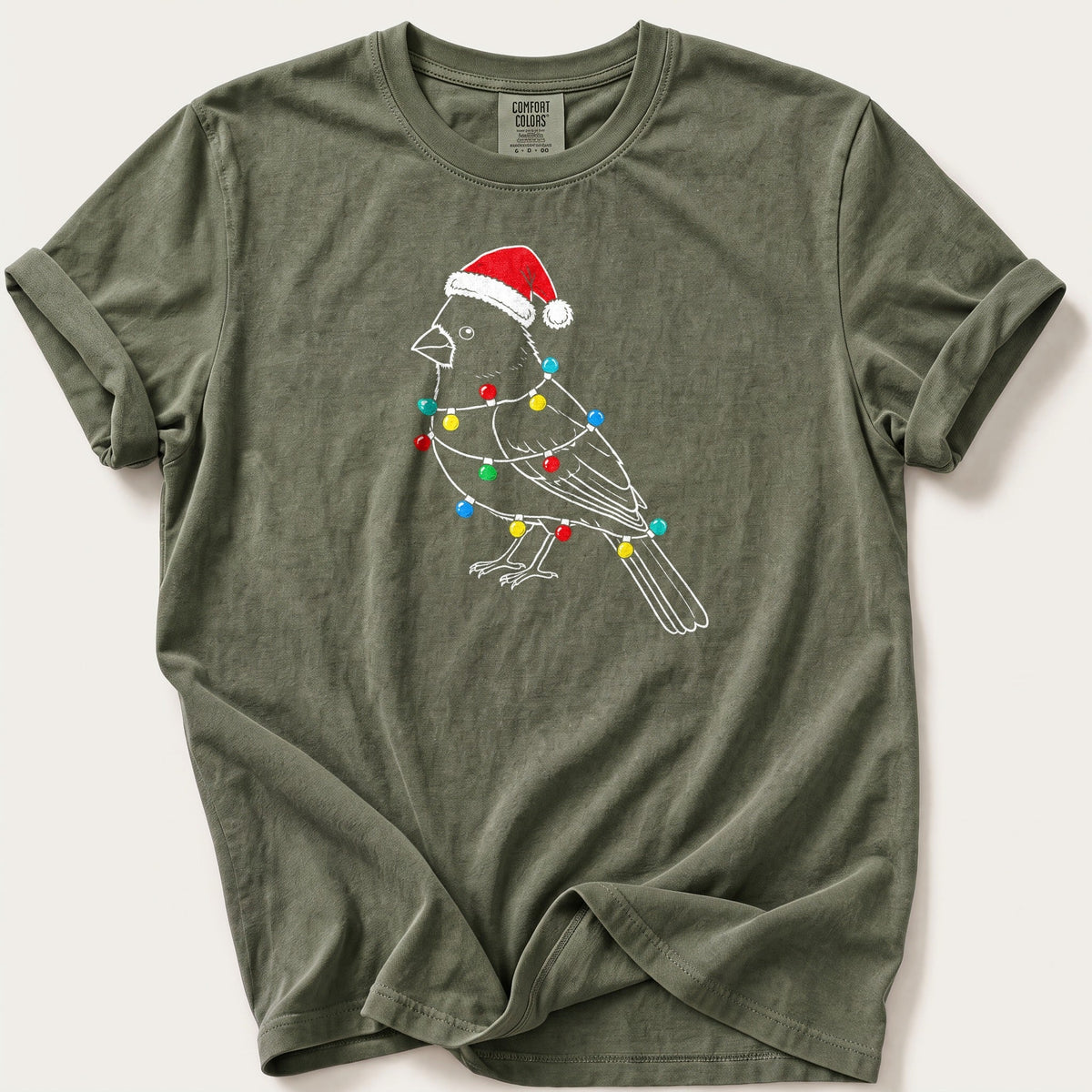 Fairy Light Cardinal Outline — Moss Comfort Colors tee