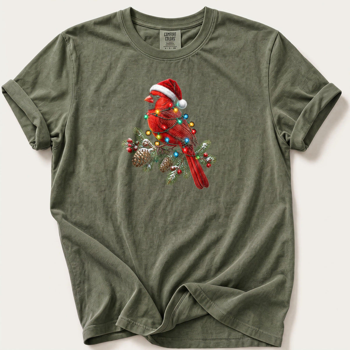 Fairy Light Cardinal — Moss Comfort Colors tee