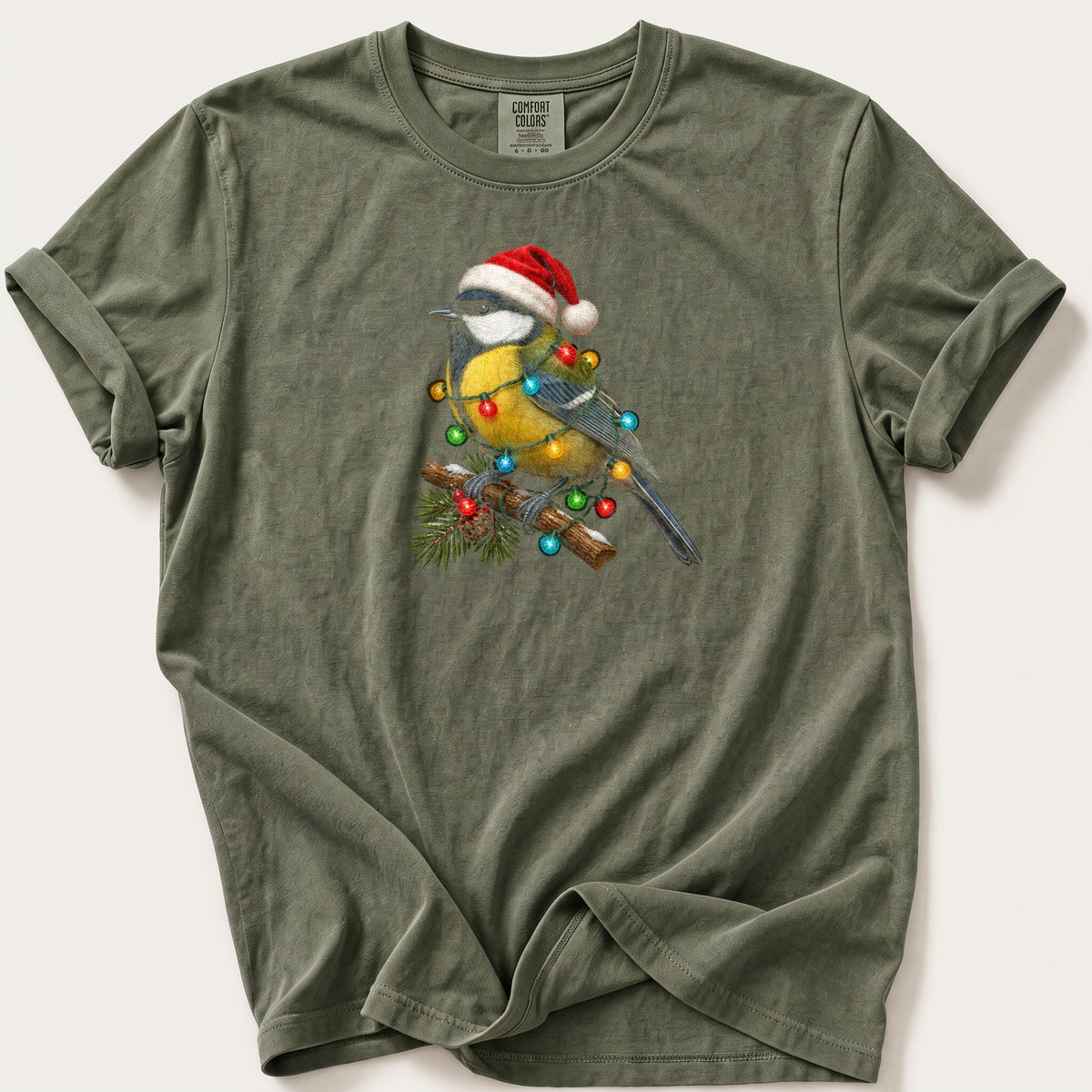 Fairy Light Great Tit — Moss Comfort Colors tee
