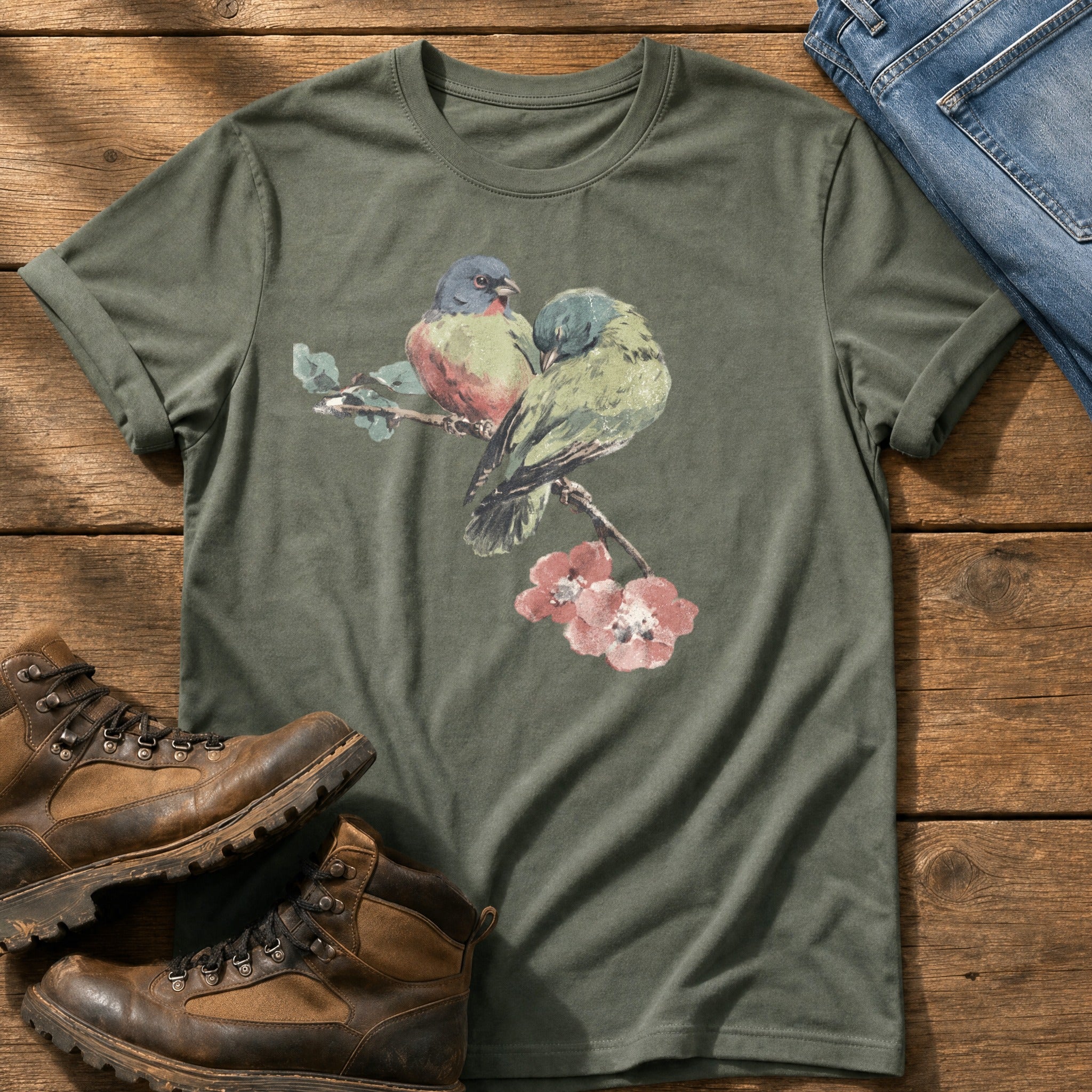 Finches On A Branch — Moss Comfort Colors tee