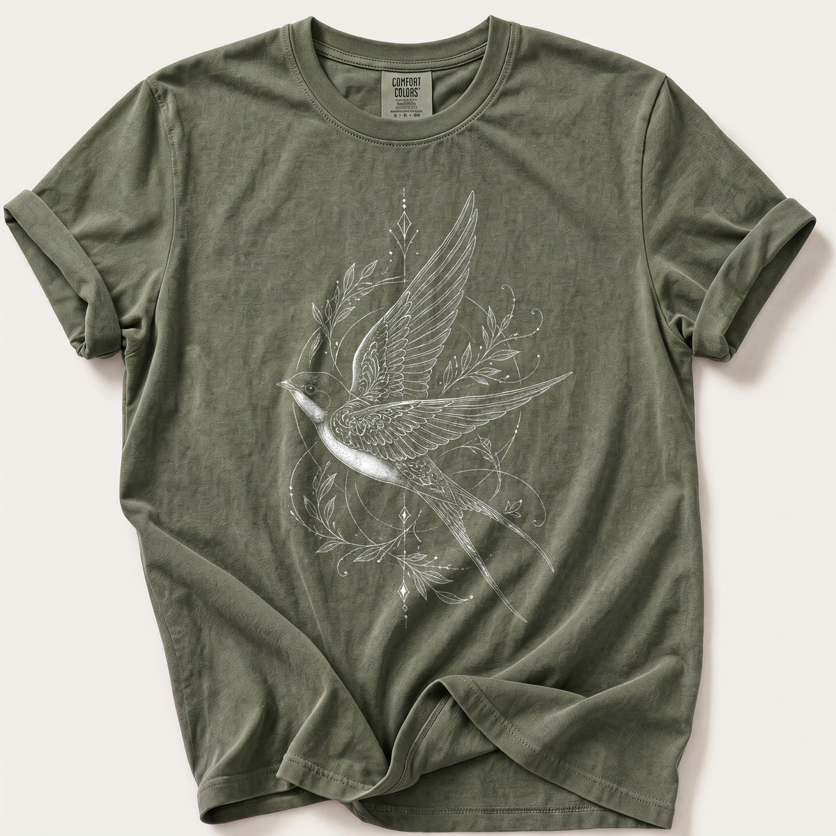 Fine Line Swallow Ornament — Moss Comfort Colors tee