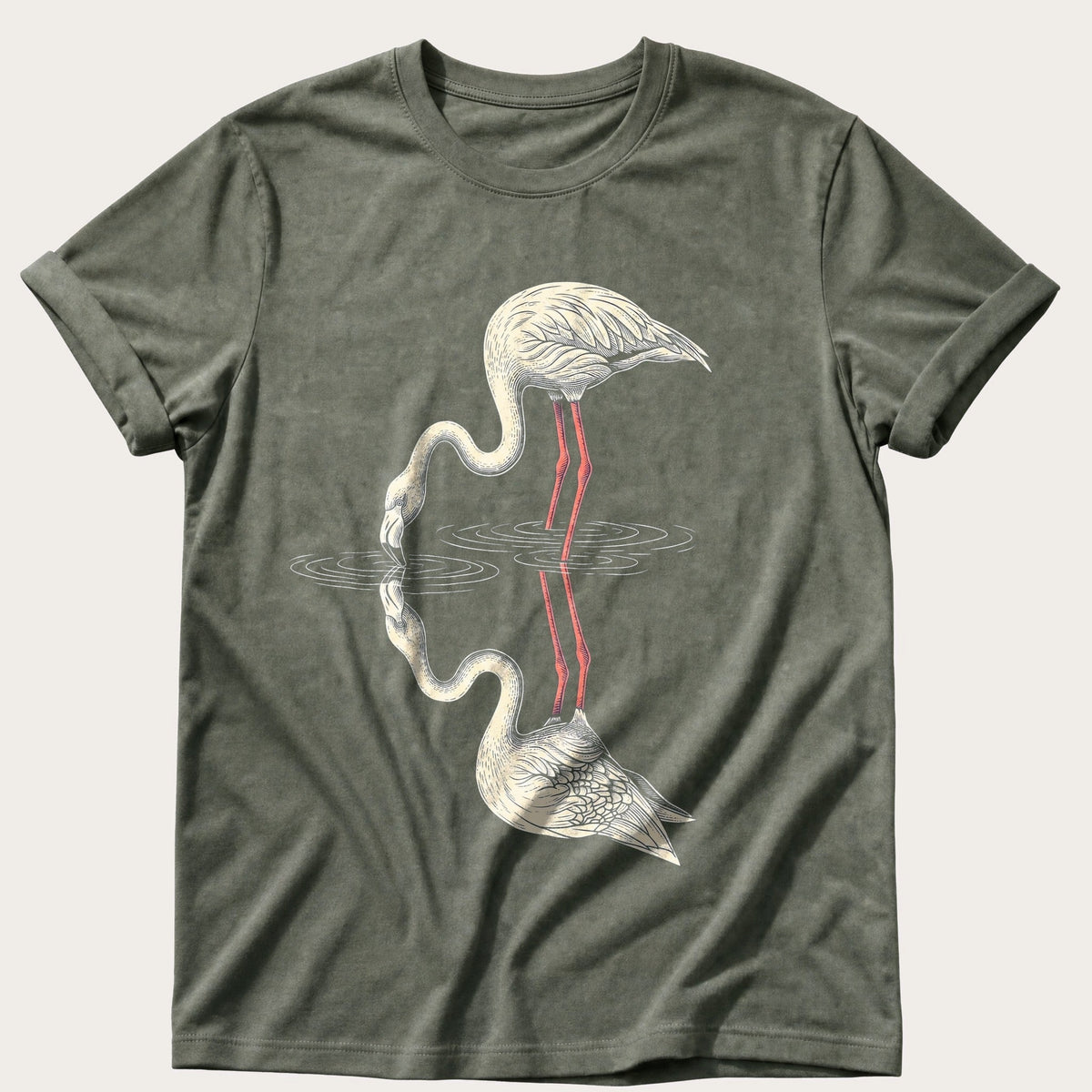 Flamingo Reflections — Moss Comfort Colors tee