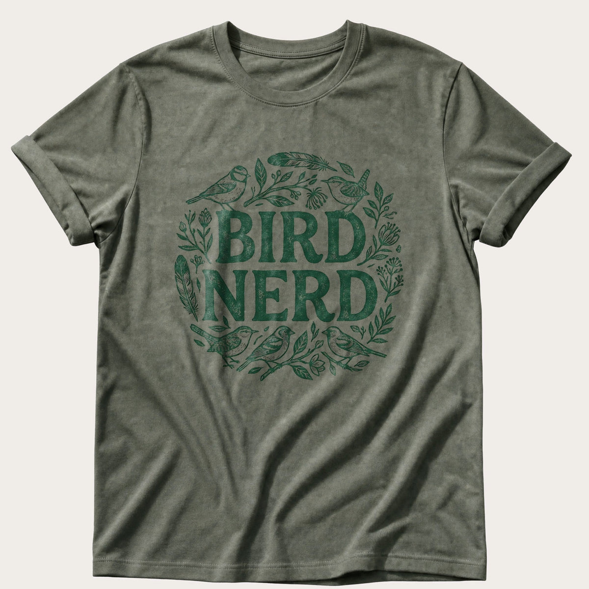 Floral Bird Nerd — Moss Comfort Colors tee