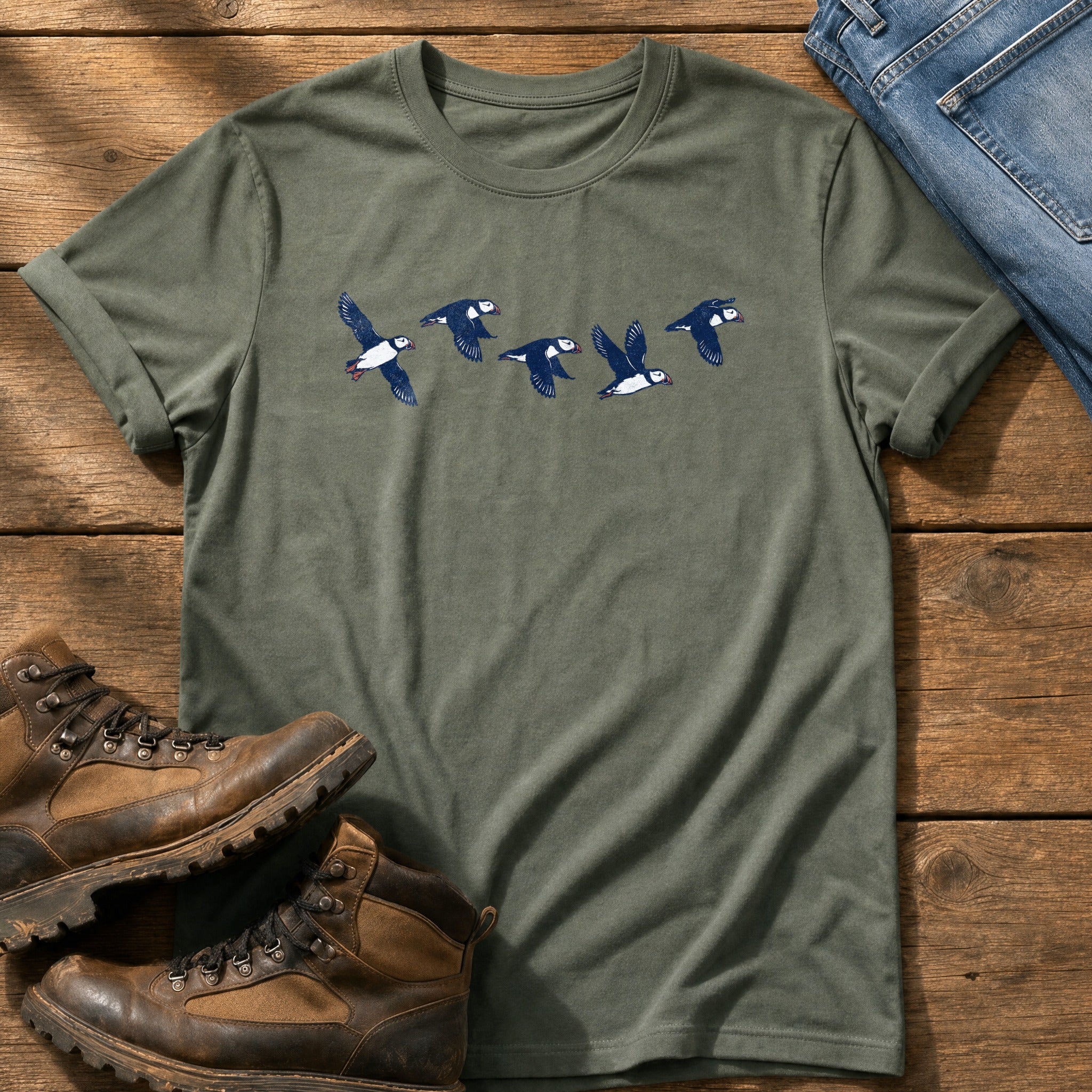 Flying Puffins 5 — Moss Comfort Colors tee
